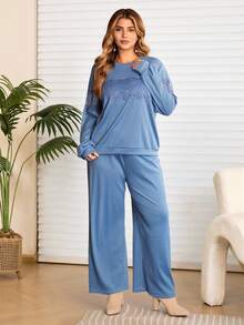 EMERY ROSE Plus Size Dusty Blue Lace Patchwork Sweatshirt And Pants 2 Pieces Set,Elegant Curve Smart Casual Loungewear,Cozy Autumn Winter Vacation Outfits Women - Blue - View 6