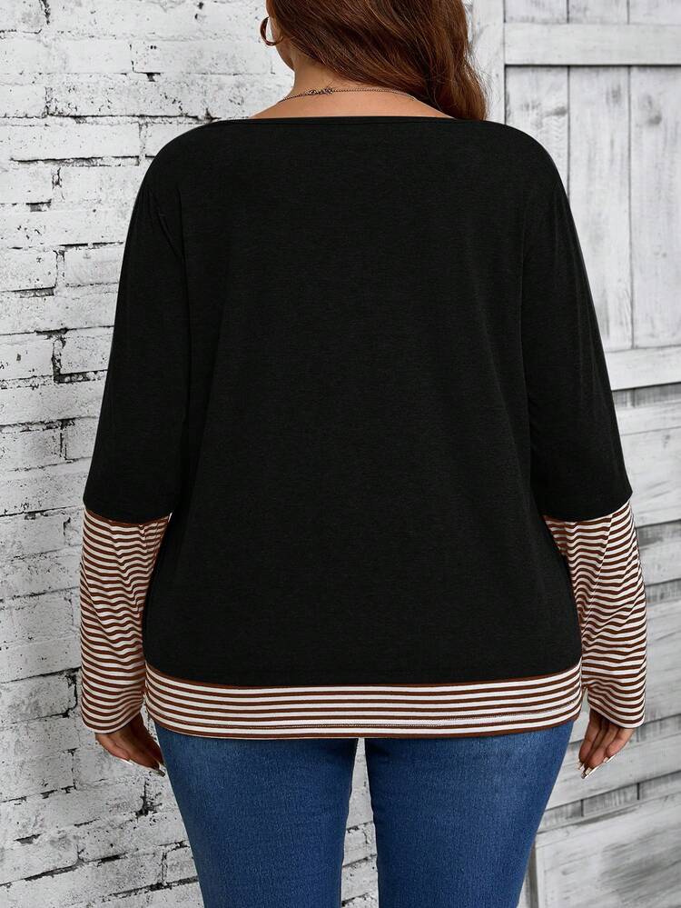 Plus Size Women Solid Colored Stripe Patchwork Crew Neck Loose Casual Long Sleeve T-Shirt,Fall Women Clothes/Summer/Spring/Vacation