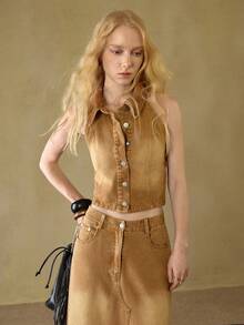 MOTF STUDIO WASHED SLEEVELESS JACKET & SPLIT SKIRT DENIM SET , FALL WINTER