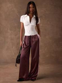 SHEIN BAE 这款女士白色/米色时尚百搭纯色泡泡袖衬衫，正面中央拉链设计，是夏季/春假/外出/休闲/通勤和休闲活动的理想之选。 - 白色 - 查看 3