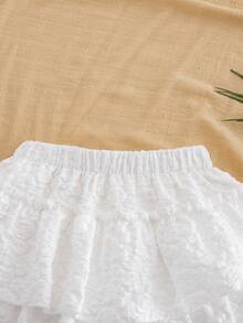 SHEIN 1pc Teen GirlElastic Waist Jacquard 3-Layer Cake Skirt, Pleated Mini Skirt, Spring/Autumn - White - View 3