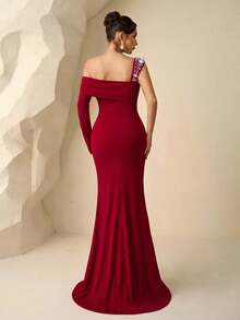 Coutiva Women's Asymmetric Neck Long Sleeve Mermaid Hem Fitted Elegant Luxurious Heavily Embellished Burgundy Wine Red One Shoulder Formal Evening Gown Dress - Burgundy - View 3
