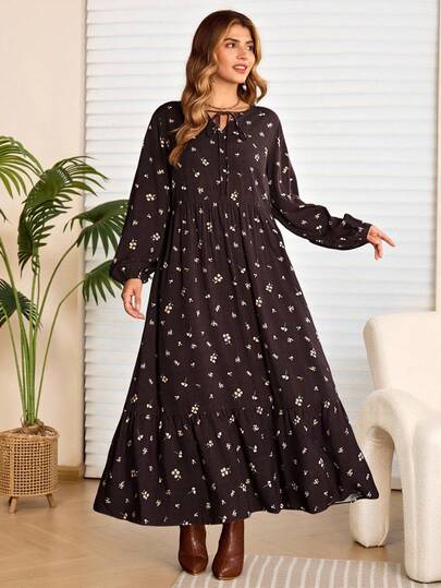 Rosumi Plus Size Women's  Casual Vacation  Country Floral Print Drawstring Neck Long Sleeve  Brown Long Dress  Dress,Floral Dress For Women, Long Casual Dress, Long Boho Dress,, Dress,Floral Dress For Women,Going Out Outfits, New Clothes,Simple And Fashionable For Everyday Wear, Plus Size ,New Year Dress,Comfortable And Breathable,Flowy Dress, Outfit For Women ,New Year Clothes,Modest Dress For Women,Thanksgiving Outfit For Women,Flower/Spring/Summer