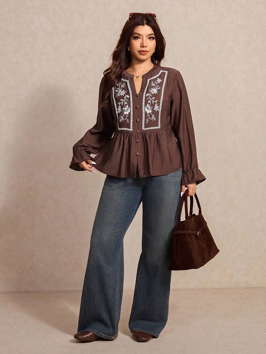 Elaquor Plus Size Women Floral Embroidery Notch Neck Long Sleeve Casual Blouse For Women Boho Chocolate Brown Top Modest Blouse Spring Women