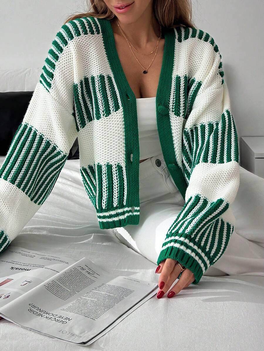 EURMUSE Solid Beige Ribbed Knit Belted Longline Cardigan With V Neck And Turn Up Cuff Sleeves For Women - Green - View 1