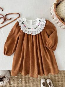 LMoss Kids Young Girls' Woven Contrast Embroidered Ruffled Casual Dress, Corduroy Material, Warm And Comfortable, Fall Dress For Girl, Girls Spring Autumn French Style Dress, Brown Dress For Girls, Autumn And Winter Young Girls Dress,Styles Comfortable Autumn & Winter,Cozy Fall & Winter Styles,Cozy Autumn And Winter Styles - Multicolor - View 7
