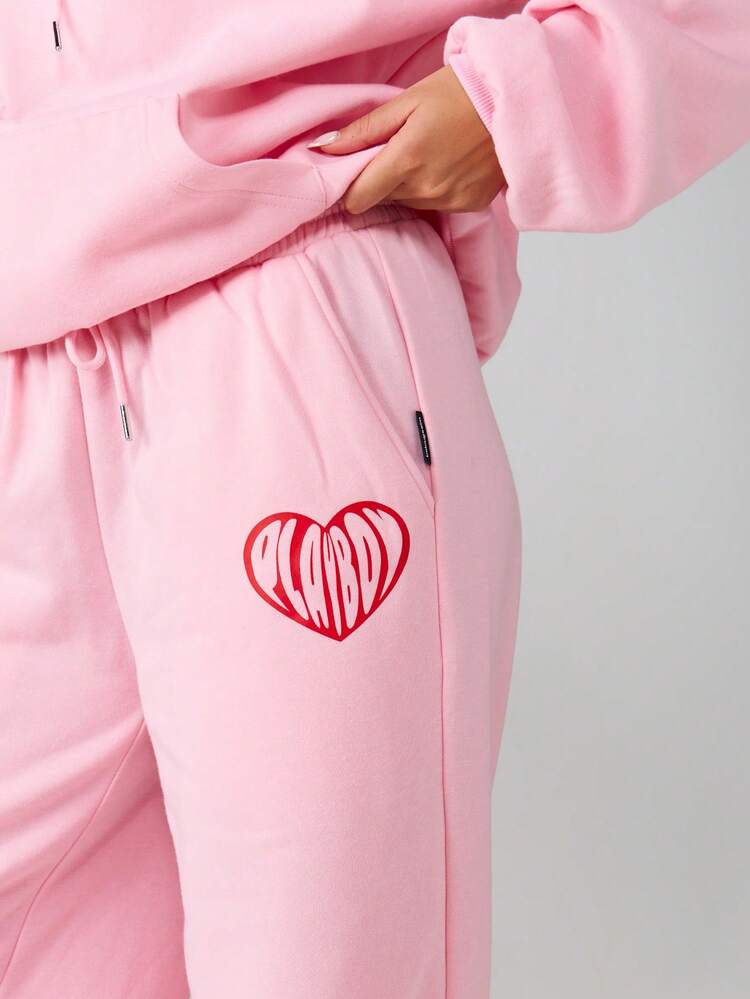 Missguided x Playboy Valentines Heart Print Wide Leg Joggers Drawstring Sweatpants With Side Pocket Casual Pink Loungewear