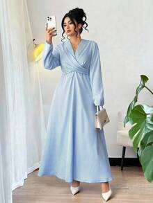 Elenzga Plus Size Elegant Asymmetrical Tie-Waist Flared Hem Blue And White Striped Dress - Blue and White - View 1