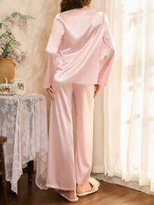 Côtesoire Elegant Mature French Jacquard Women Pajama Set Satin Sleepwear Set Light Pink Satin Pajamas Set Sleep Wear Women Silk, Fall & Winter Clothes - Baby Pink - View 2