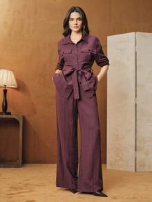 Anewsta 2pcs/Set Autumn/Winter Lace-Up Waist Utility Shirt + Wide Leg Pants Suit - Purple - View 4