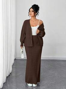 Elenzga 大码女式休闲V领宽松纽扣开衫和纯色半身裙两件套，适合日常、工作、通勤、秋冬季穿着。 - 咖啡棕 - 查看 3