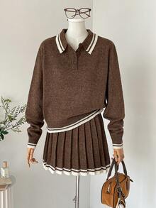 SHEIN Unity 女士迷你羊毛衫半身裙，百褶裙，复古学院风，适合秋季、返校季、日常穿着，尽显复古时尚，也适合约会和下午茶场合。 - 棕色 - 查看 2