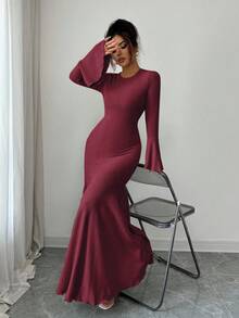 Elenzga Women's Elegant Stretchy Fitted Mermaid Hem Ruffle Sleeve Dress, Autumn/Winter - Red - View 5