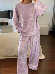 DAZY 2 piezas Conjunto de pijama de manga larga holgado y cómodo con estampado floral diminuto para mujer, ropa de invierno - Púrpura malva - Ver 4