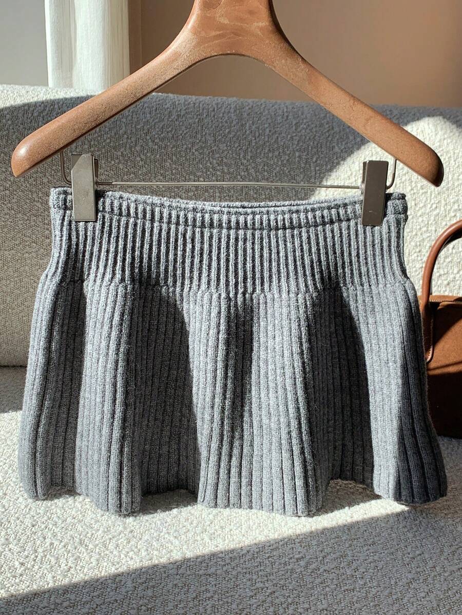 Comfortcana Women's Dark Grey Ribbed Mini Casual Sweater Skirt, Winter Sweater Dress - Dark Grey - View 1