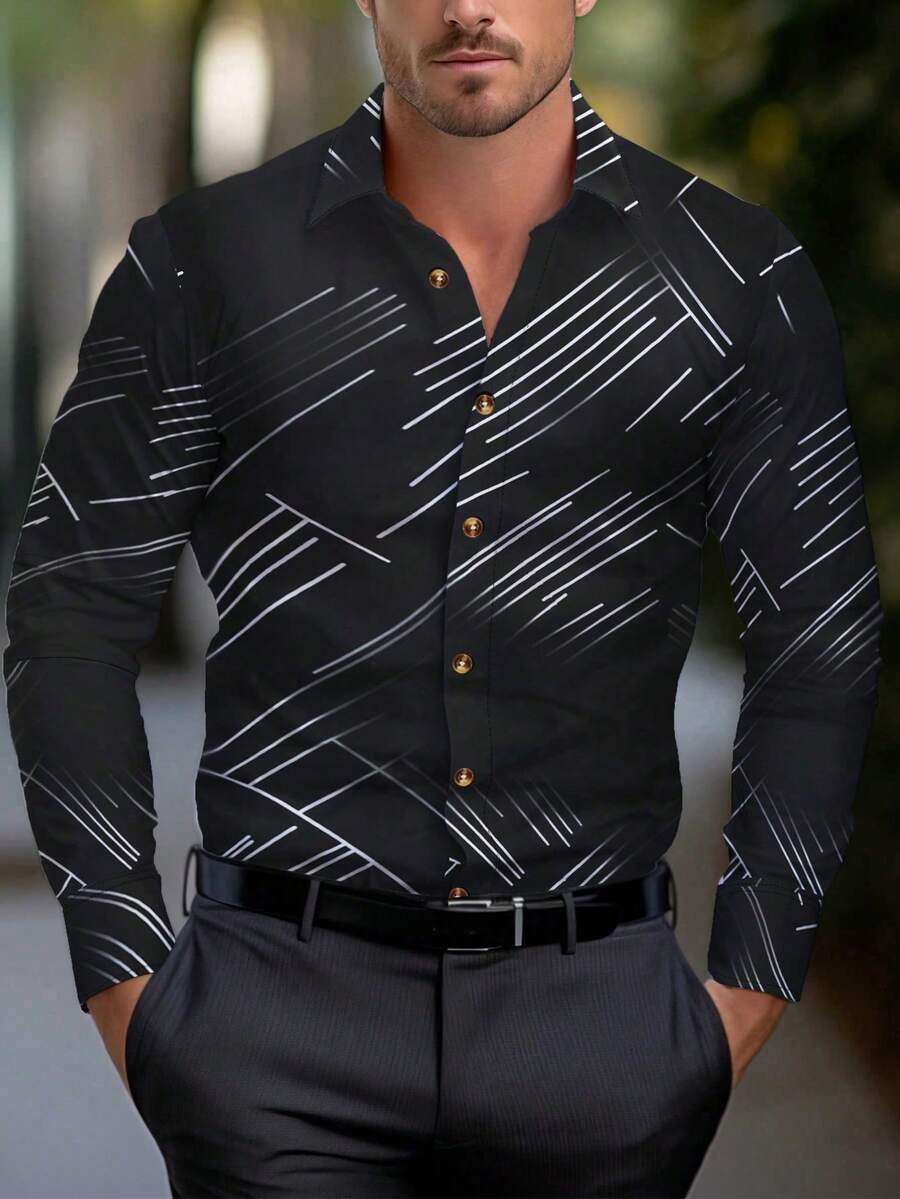Manfinity Mode Men's Striped Long Sleeve Shirt, Black Design Shirt, Men's Designer Shirt, Geometric Print Men, Men Luxury Shirts, Fall - Black - View 1