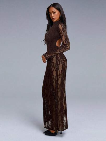 Athîral Women's Sexy Lace Backless Bodycon Dress For Party & Banquet,Dresses For Women Elegant, See Through Dress, Brown Wedding Guest Dress, Mesh Maxi Dress, Long Brown Dress, Chocolate Brown Dress
