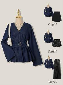 SHEIN MOD 女士V领喇叭袖腰带扣设计休闲牛仔衬衫 - 深色水洗藍 - 查看 1