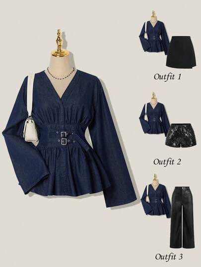 SHEIN MOD 女士V领喇叭袖腰带扣设计休闲牛仔衬衫