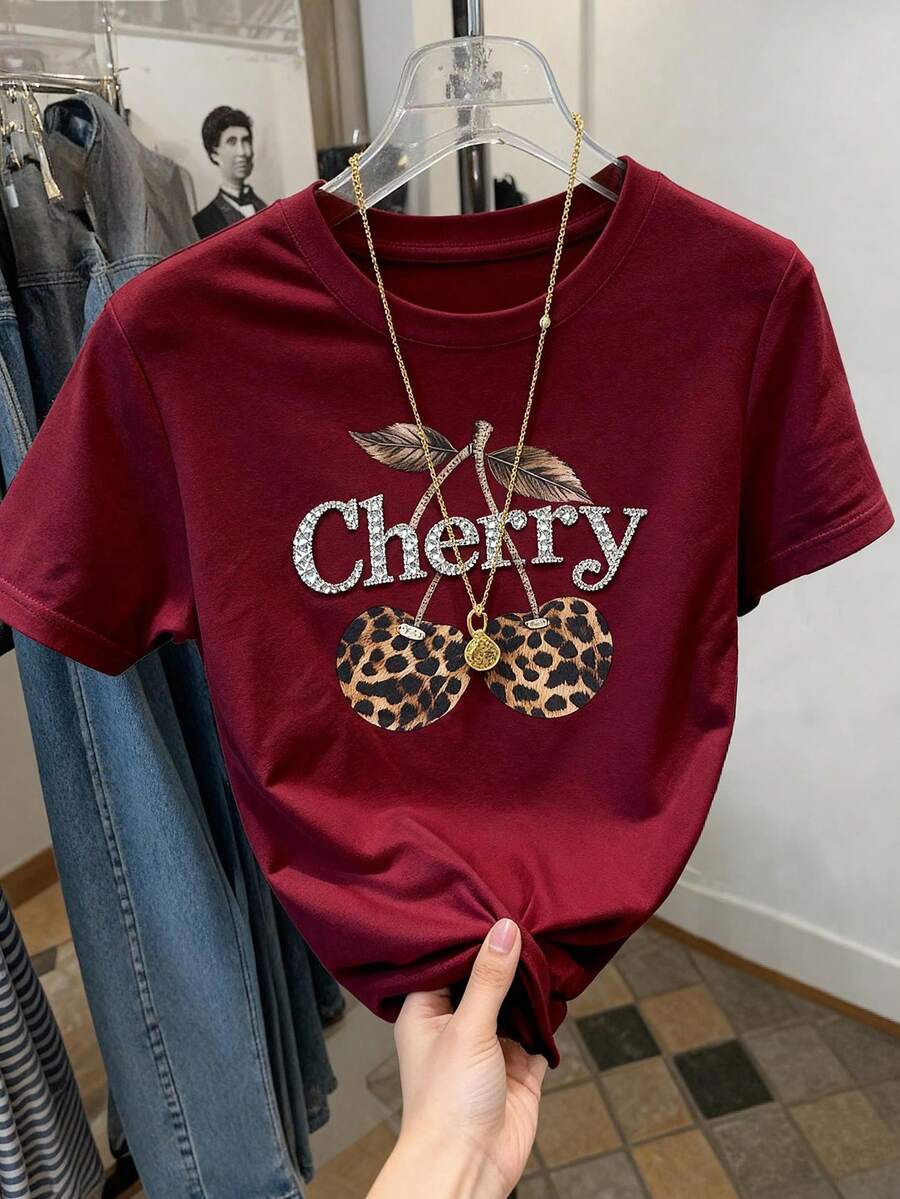 Resyla Cherry Leopard Print Digital Pattern Women's Casual Round Neck Short Sleeve T-Shirt, A Gift For Friends - Burgundy - View 1
