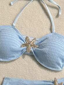 Soleia Plus Size Women's Summer Sexy Beach Vacation Style Solid Color Textured Fabric Metal Starfish Decor Twist Front Halter Bikini 3-Piece Swimsuit Set - Baby Blue - View 4