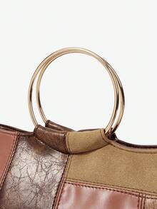 Maija 女士手提包，复古，复古，五金手柄，PU 拼接，时尚，优雅，简约，个性化，多功能，经典，适合通勤，办公室，约会，日常，购物，下午茶 - 棕色 - 查看 6