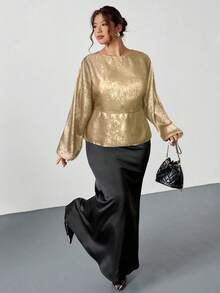 SHEIN Privé 大码女式纯色蝙蝠袖长袖金属色宽松时尚衬衫 - 金色 - 查看 5