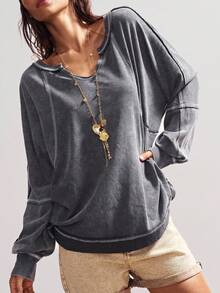 Bohemela 大码纯色简约长袖T恤，日常穿着 - 灰色 - 查看 4