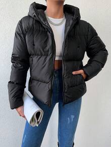 Women's Fashionable Versatile Solid Color Hooded Jacket, Winter - Black - View 5