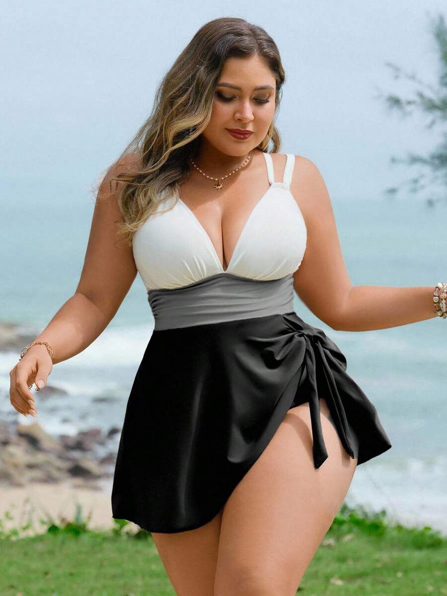 Swim Lushoire Bộ đồ bơi Tankini 2 mảnh xếp nếp cỡ lớn dành cho nữ có dây chéo sau lưng, ba màu - Nhiều màu - Xem 1