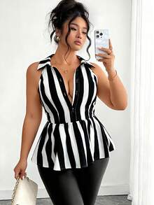 Elenzga Plus Size Women Elegant Solid Color Sleeveless Shirt Collar Ruffle Hem Romantic Date Versatile Design Casual Blouse, Spring/Summer - Black and White - View 7