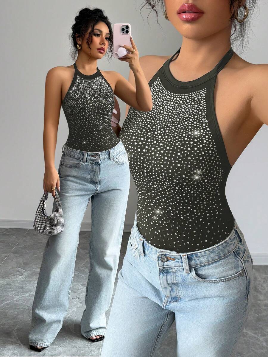 Selianne Women's Rhinestone Embellished Halter Bodysuit - Grey - View 1
