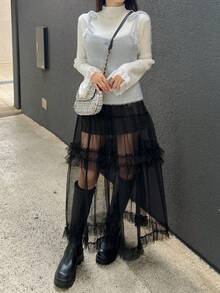 FRIFUL 女士纯色肩带系带蝴蝶结装饰休闲宽松百搭毛衣背心，秋冬款 - 灰色 - 查看 2