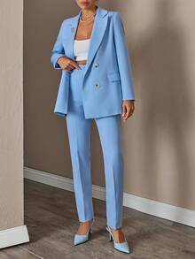 SHEIN Cottnline Women Solid Color Suit Sets Blazer Jacket And Pants Rhinestone And Button Front Detailed - Baby Blue - View 6