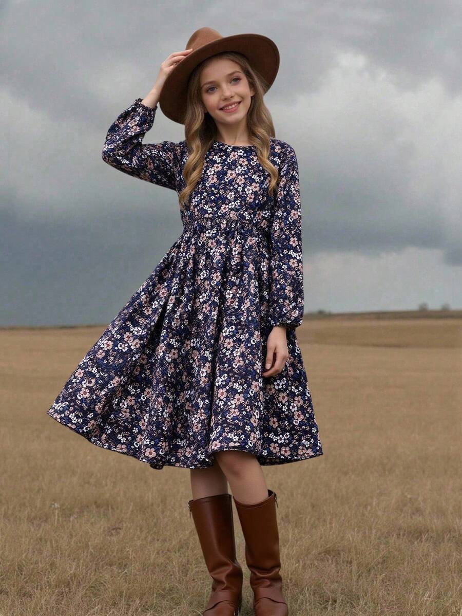 1 chiếc váy chui đầu cổ tròn tay dài in họa tiết hoa toàn thân cho bé gái, có bo chun ở cổ tay và eo, viền chữ A, thích hợp cho tiệc tùng, du lịch, bãi biển, mùa xuân/hè - Nhiều màu - Xem 1