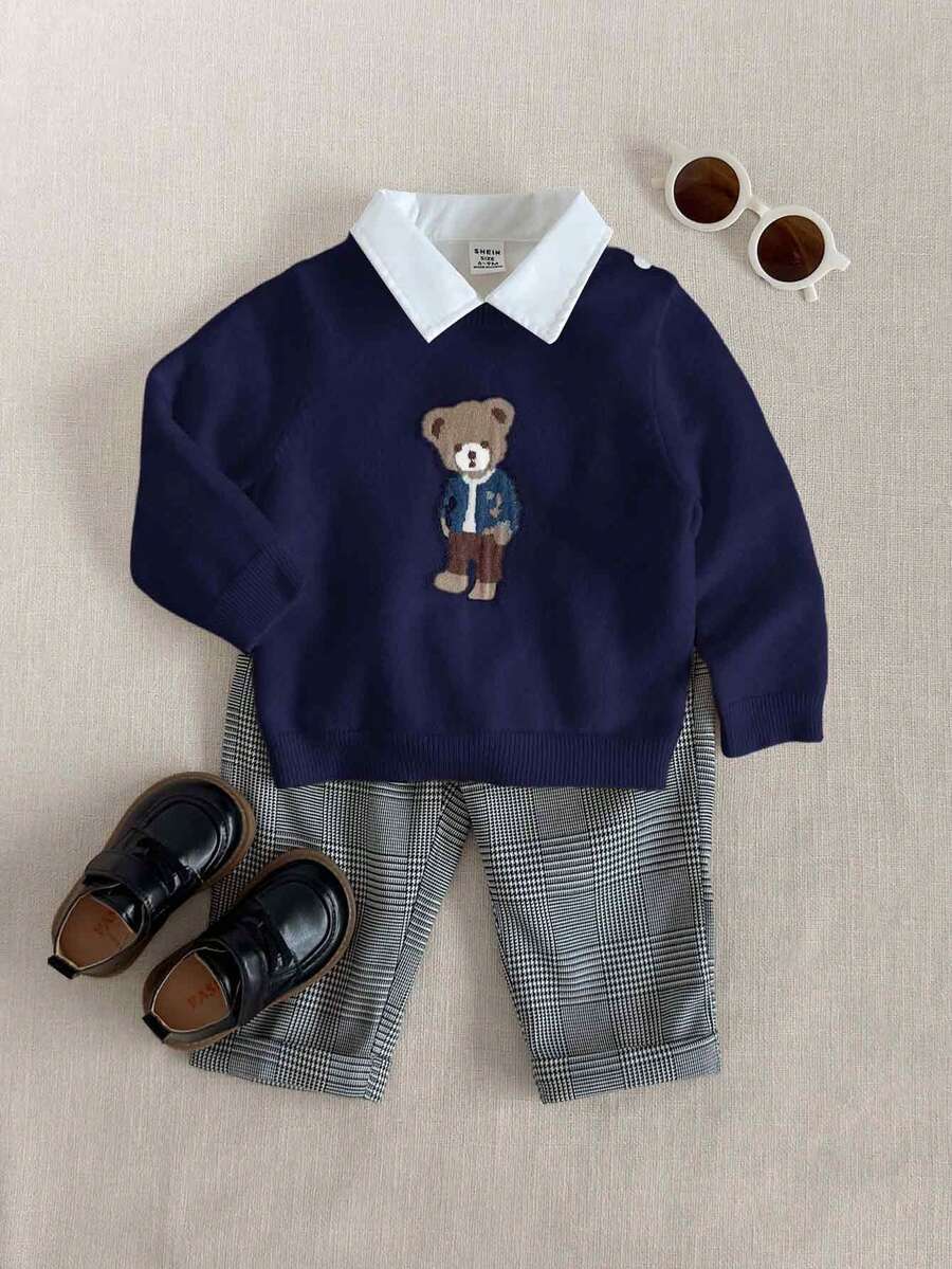 PrepCrw Baby Boys Navy Blue Knitwear Pullover With Teddy Bear Pattern Long Regular Sleeve Contrast Collar For Everyday Casual Wear - Navy Blue - View 1