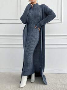EURMUSE 1 Set Elegant Solid Color Stand Collar Fitted Long Sleeve Sweater Dress And Long Sleeve Cardigan Sweater Set - Dusty Blue - View 1