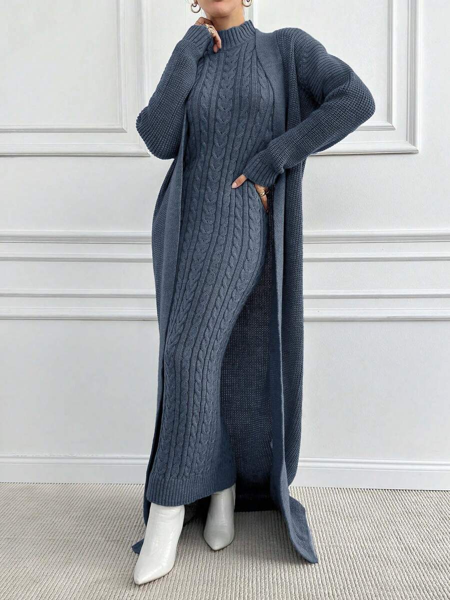 EURMUSE 1 Set Elegant Solid Color Stand Collar Fitted Long Sleeve Sweater Dress And Long Sleeve Cardigan Sweater Set - Dusty Blue - View 1