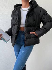 Women's Fashionable Versatile Solid Color Hooded Jacket, Winter - Black - View 3