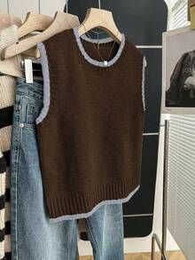 Franclia Casual Loose Crew Neck Sleeveless Contrast Trim Knit Top For Women, Spring/Autumn - Multicolor - View 3