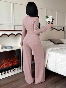 SHEIN 一套女士纯色简约翻领开衫和喇叭裤睡衣套装 - 藕粉色 - 查看 2