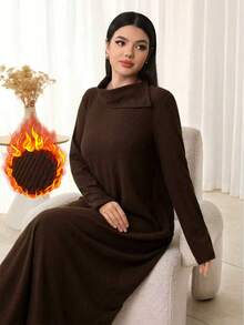 Al Najma Women's Elegant Long Sleeve Split Neck Dress In Brown, Soft Fleece Fabric, Suitable For Autumn - Brown - View 1