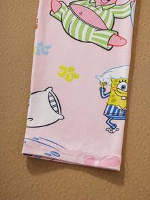 SpongeBob SquarePants | SHEIN Tween Girl Cartoon & Floral Print Lapel Front Open Loose Fit Long Sleeve Top And Pants Autumn/Winter Flame Retardant Pajama Set - Pink - View 3