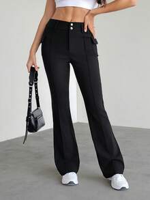 SHEIN Tall Y2k Flap Pocket Side Boot-Cut Leg Pants - Black - View 5