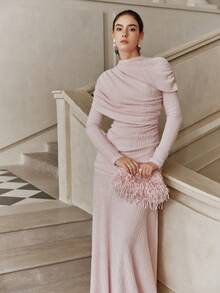SHEIN Unity 2026 Spring Elegant Ruched Pink Maxi Dress, Luxury Wedding Guest Dress - Pink - View 5