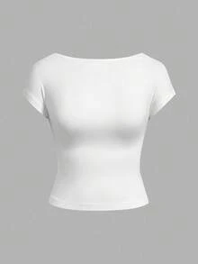 SHEIN EZwear Bộ 3 áo thun nữ cổ tròn tay ngắn hở lưng màu đen, trắng, đỏ tía, tối giản, phù hợp cho mùa hè - Nhiều màu - Xem 7