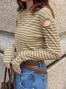 FRIFUL Damen gestreiftes Rundhals Langarm Ausschnitt-Schulter Lässig T-Shirt, vielseitig für Herbst/Winter