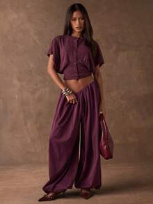 SHEIN BAE Women's Spring/Summer Casual Maroon Purple Solid Color Crochet Jacquard Knit Short T-Shirt/Casual Top, Commuting, Going Out,Spring Outfit Women, Spring Break Outfits,Going Out Top,Casual Blouses For Women, - Maroon - View 3