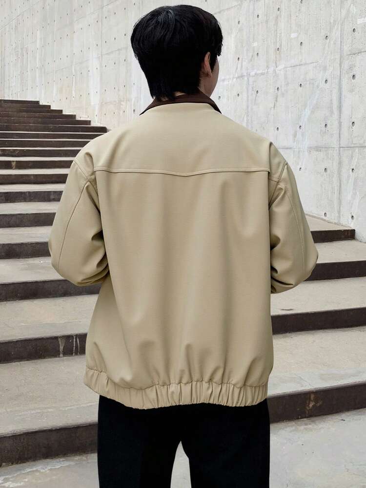 Khaki Body Fabric Patchwork Brown Corduroy Collar Men's Jacket Coat, Autumn/Winter