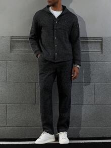 Manfinity Homme 男士休闲日常通勤百搭亮片装饰夹克和抽绳腰斜插口袋长裤套装 - 黑色 - 查看 4